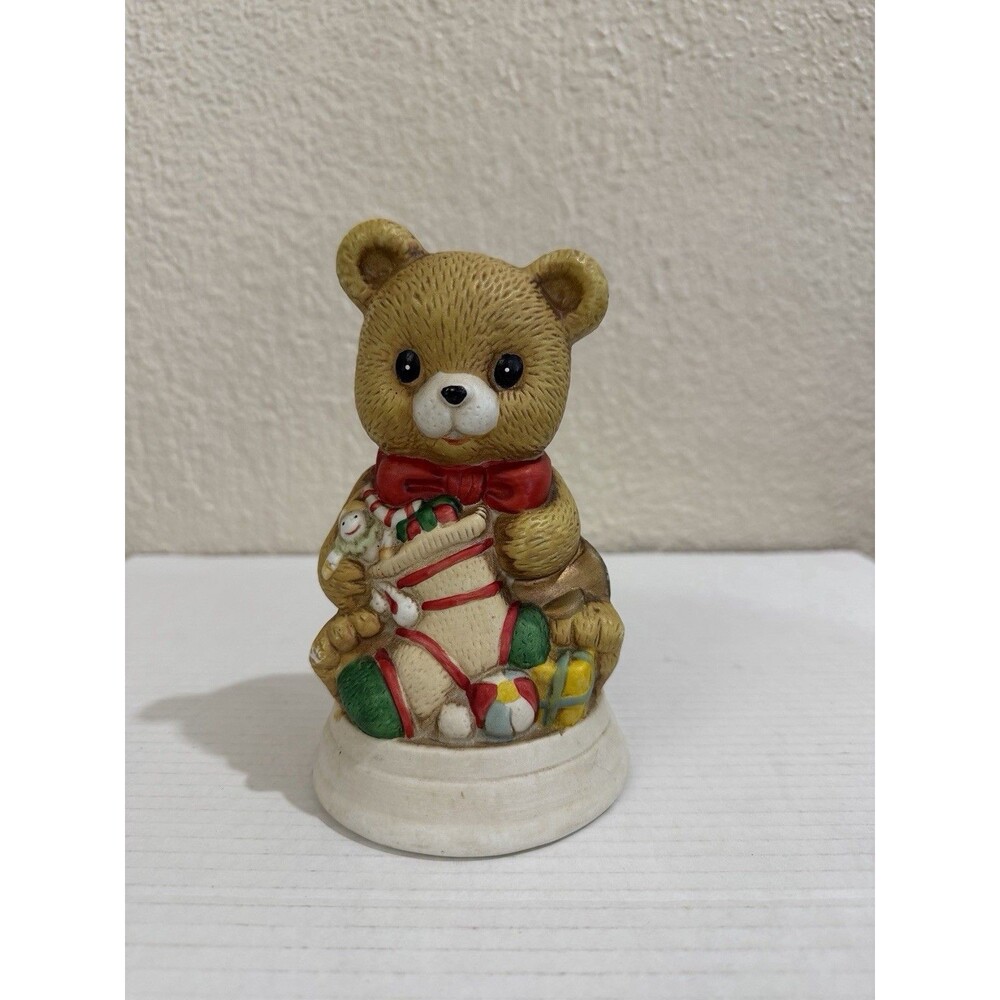 Vintage Christmas Teddy Bear Musical Figurine Wind Up Toys Holiday Decor